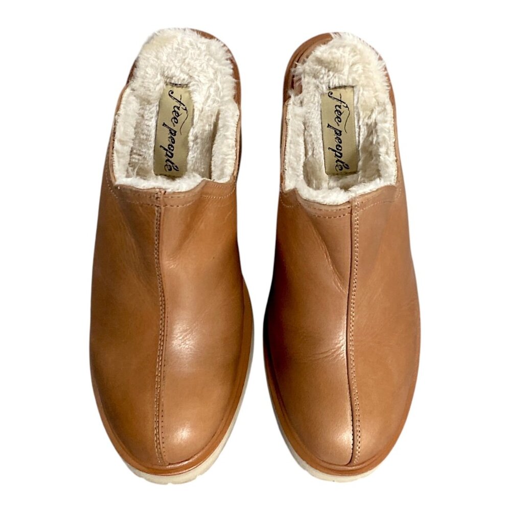 Free People Shoes Womens 7.5 EU 38 Tan Leather Rubber Fur JAMES Mule Clog Cozy